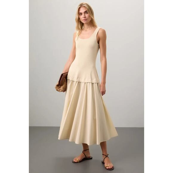 SIMKHAI Cream Silas Midi Dress Fit Flare Romantic Cotton, Size XS Designer $575 - Picture 1 of 11